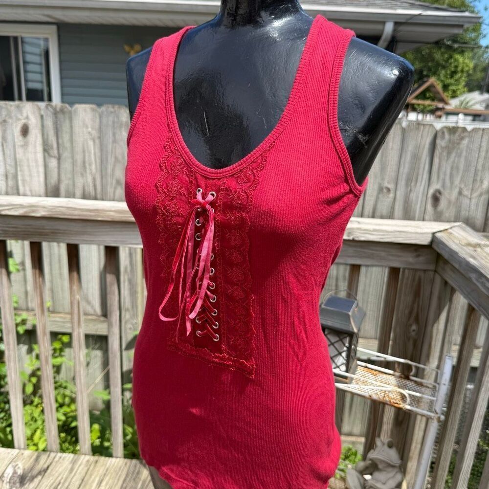 Y2K Bisou Bisou Red Lace Up Corset Ribbed Tank Top Fairy Grunge Coquette Medium